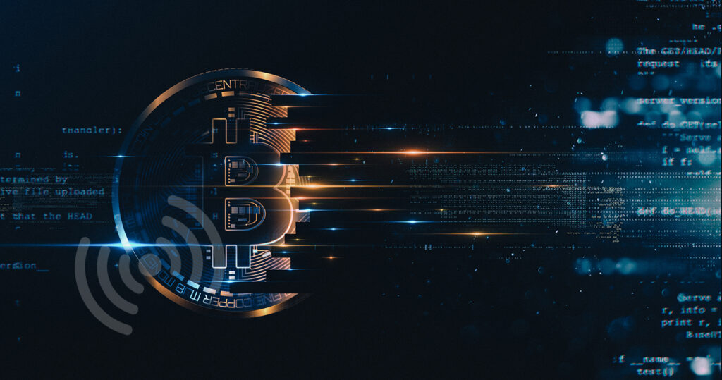 Bitcoin with glowing lights. Gold bitcoin symbol. Coins on black background.