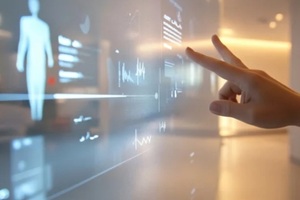 doctor interacting with futuristic transparent display showing medical record