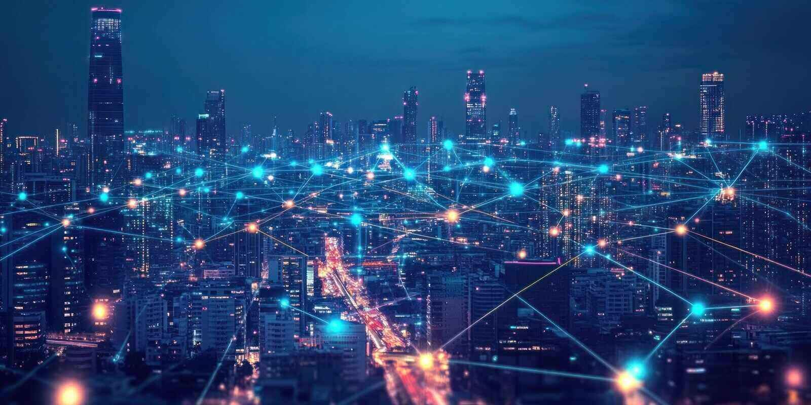 futuristic cityscape illuminated with interconnected digital network lines