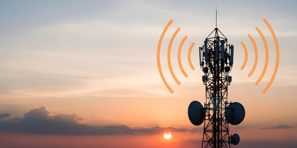 telecom tower at sunset with wireless signal animation